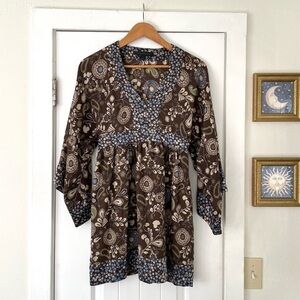 Express Design Studio Silk Blue & Brown Floral Tunic / Dress Women's Size S